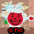 Red circular face with closed eyes and smile, white hair with blue and yellow accents, green shoulder patches, black banner below displaying red text.