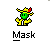 Pixel art character with green face, yellow cowboy hat and jacket, red feather; text 'Mask' below left, 'THE MASK' in large green letters right.