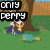 Pixelated image with 'Only Perry' text overlay, two figures under a tree on green grass near water.
