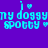 Pixelated text 'my doggy my doggy spotty' with heart symbols on four colored backgrounds in a