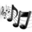 Pixelated black-and-white image of three musical notes on a white background, with the leftmost note partially obscured by pixelation.