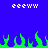 Blue background with green flame-like shapes at the bottom and white pixelated text 'eeeww' repeated on both top corners.