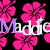 Animated pattern of pink hibiscus flowers on black background with repeating text 'Maddie' in white and purple.