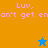 Pixelated text 'Luv, can't get en' on orange and blue backgrounds with a star symbol.