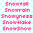 Pixelated text displays snow-related terms in red on a cyan dotted background with no visible animation changes.