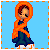 Pixel art icon of a hooded figure with red hair against a blue background, paired with a separate orange displaying text