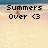 Pixelated beach scene with two figures running on sand, overlaid text reading 'Summers Over <3' and 'The drama begins!' in blocky font.