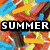 six pixelated images with text overlays: a salad, beach ball, hands holding, sunglasses, palm tree, and empty space