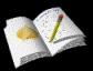Open notebook with handwritten text and a yellow pencil on each page, showing sequential animation of the pencil's position across frames.