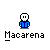 Pixelated character with white face and blue torso in multiple poses above text reading Macarena on gray background.