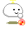 Pixelated white cloud-shaped character with black square eyes and a smiling mouth, holding a pink spherical object with red and yellow squares, standing on a green base with a yellow antenna on top.