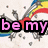Rainbow arc with gray stars on light background, text "be my SUPER STAR" in pink and yellow letters over black bars.