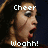 Pixelated image of a person with dark hair and silver eyeshadow, mouth open in an excited expression across four