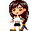 Pixel art character with long brown hair, white crop top, black shorts, and brown shoes in multiple poses including standing, walking, and holding a red object.