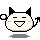 Pixelated devil icon with closed eyes, pink cheeks, and a wide smile; two black horns on top of the head.