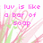 Pixelated pink text on a white background with green and pink abstract shapes, displaying partial phrases about 'luv' and soap.