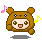 Pixelated brown bear costume avatar with four distinct facial expressions and musical note props in pink, yellow, cyan, and orange.