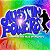 Pixelated image with rainbow gradient background, blue 'Austin Powers' text, and two figures holding a white dog.