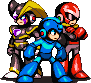 Pixel art of three video game characters standing together: a blue armored figure in front, a dark-armored character with yellow accents on the left, and a red-armored character on the right.