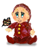 A doll avatar in a red outfit with yellow buttons, blue eyes, and a red head covering, shown in multiple poses with butterflies and closed eyes.