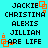 Pixelated text listing names Jackie Christina Alexis Jillian above 'ARE LIFE' on cyan background with orange square outlines, animated as orange squares shift position.