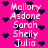 Pixelated text names on bright pink background with dark blue hearts, animated heart positions shifting across frames.