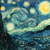 A static digital painting of a swirling night sky with bright yellow stars and a large yellow moon over a dark landscape with a village and cypress tree.