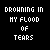 A 4x4 contact sheet of animated frames showing the phrase "DROWNING IN MY FLOOD OF TEARS" with color variations across sampled frames, displayed on a black background with one gray transparency cell.