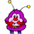 Pixelated character with purple body, red nose, and two antennae ending in yellow spheres.