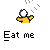 Pixelated yellow figure with white head holds a striped object above its head, text below reads 'Eat me' in pixel font.