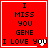 Red square icon with white border displaying text "I MISS YOU GENE I LOVE YOU" and a heart symbol, showing animation changes in the heart's appearance across frames.