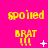Yellow text on pink background shows 'spoiled' above 'BRAT' with three exclamation marks, plus small white symbols changing across frames.