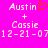 Pixelated text on bright pink background shows 'Austin' with red heart symbol, plus sign, 'Cassie', and date string in white pixel font.