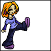 Animated cartoon character with orange hair, blue shirt, dark pants, purple shoes kicking left leg; text changes from 'time' to 'now' to 'for' then multiple 'CAKE!' variations.