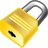 A pixelated golden padlock with a silver shackle, featuring a black keyhole and textured surface details.
