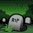 Animated pixel art sequence showing a tombstone with 'RIP' text and ghostly figures emerging from grassy ground against dark green background.