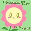 A static image of a pink flower with a yellow center, green leaves, and a smiling face, set against a light green background with repeated text.
