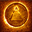 Two circular animated frames showing a golden chess piece and green pyramid inside glowing rings on brown background.