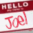 A 48x48 pixel animated buddy icon with a red and white color scheme showing the text "HELLO" at the top and "Joel" in cursive below, displayed as two sequential frames of an animation.
