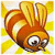 Pixelated cartoon fish with orange-brown body, white belly stripe, and large eyes against yellow background.
