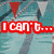 A split-screen image with a swimming pool background on the left and solid blue on the right, featuring red text 'I can't...' and black-and-white text 'I have swim' in pixelated fonts.