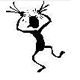 Black stick figure with white pixelated outline against gray background, arms raised, legs bent in dynamic pose, head tilted back with open mouth.