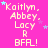 A bright pink background displays repeated text 'Kaitlyn, Abbey, Lacy R BFL!' with scattered light blue and purple stars.