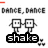 Two pixelated square figures holding hands above a black bar with text, with small pixel clusters to the right.