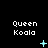 Pixelated text "Queen Koala" appears above a cyan symbol that changes across on a black background