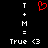 Red pixelated heart symbol above white text elements on black background, with 'T', '+', 'M', '=', 'True', and '<3' arranged vertically on both sides.