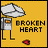 Yellow background with a pixelated figure holding a broken heart icon above its head, text 'BROKEN HEART' below the figure, and a small red heart on the ground.