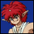 Pixelated character with red spiky hair and pointed ears against blue background, next to black with white text
