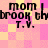 Pixelated text on a pink and yellow checkered background with repeated 'mom brook thbrook T.V.' phrases.