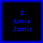 Four identical pixelated squares with blue borders and black backgrounds display the text "I Love Jamie" in blue pixel font.